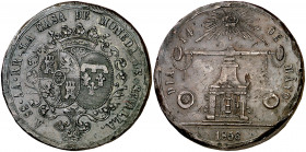 1856. Isabel II. Sevilla. Visita de los Duques de Montpensier a la Casa de la Moneda. (V. 396 var. metal) (V.Q. 14326). Golpes. Bronce. 19,04 g. Ø37 m...