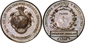 1858. Isabel II. Infantes Duques de Montpensier. Agricultura, Industria y Bellas Artes. Exposición Sevillana. Pequeño grafiti en forma de J. Bella. Ra...