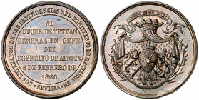 1860. Sevilla a Leopoldo O'Donnell (1809-1867). Duque de Tetuan. (RAH. 641) (V.Q. 14346). Golpecitos. Bronce. 56,51 g. Ø48 mm. EBC-.