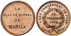 1876. Alfonso XII. La Casa de Moneda de Manila a los vencedores de Joló. (V. 847 var. metal) (Ruiz Trapero 806) (Basso 705b). Rayitas. Bronce. 5,67 g....