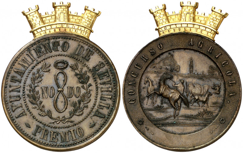 (1898). Sevilla. Concurso agrícola. Con corona de latón. Golpecito. Bronce. 55,4...