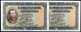 1926. 25 pesetas. (Ed. B109a) (Ed. 325a). 12 de octubre, San Francisco Javier. Pareja correlativa, serie B. Doblez central, pero extraordinarios ejemp...