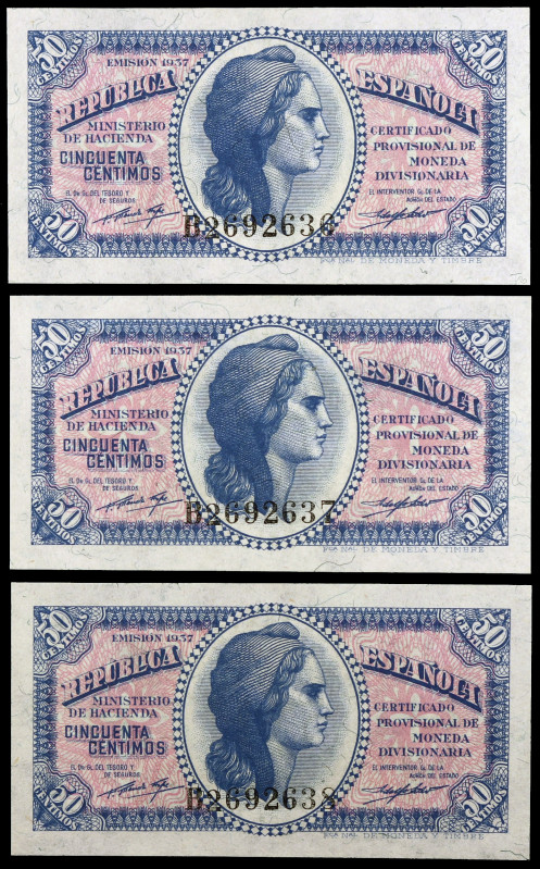 1937. 50 céntimos. (Ed. C42) (Ed. 391). Trío correlativo, serie B. S/C.