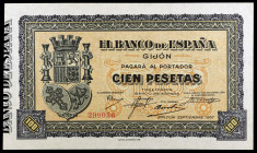 1937. Gijón. 100 pesetas. (Ed. C50) (Ed. 399). Emisión de septiembre. Sin serie, numerado. S/C-.