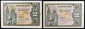 1938. Burgos. 2 pesetas. (Ed. D30a) (Ed. 429a). 30 de abril. 2 billetes, serie F. Dobleces. MBC.