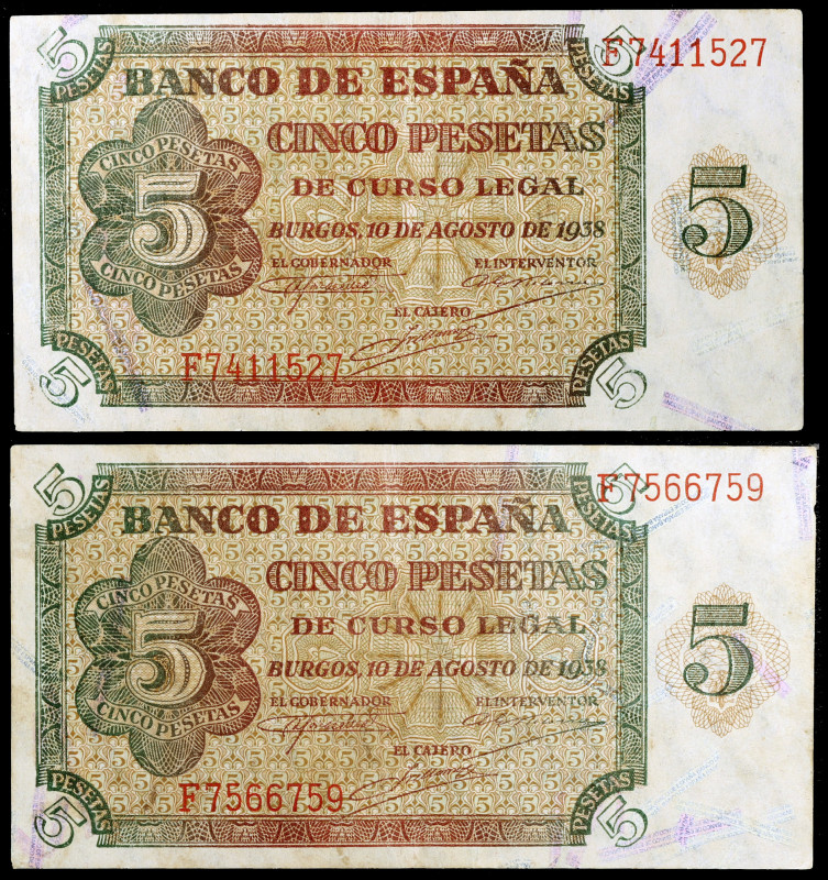 1938. Burgos. 5 pesetas. (Ed. D36a) (Ed. 435a). 10 de agosto. 2 billetes, serie ...