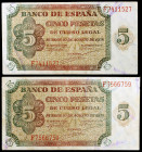1938. Burgos. 5 pesetas. (Ed. D36a) (Ed. 435a). 10 de agosto. 2 billetes, serie F. MBC+.