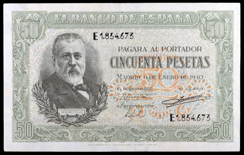 1940. 50 pesetas. (Ed. D38a) (Ed. 437a). 9 de enero, Menéndez Pelayo. Serie E, ú...