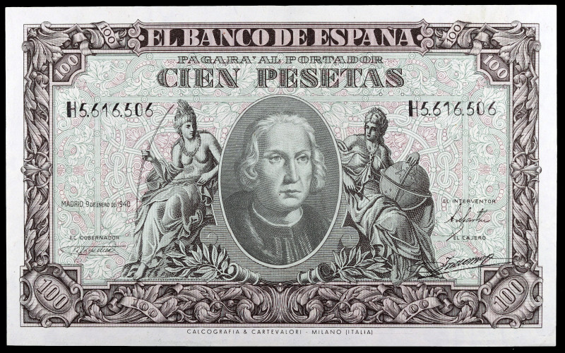 1940. 100 pesetas. (Ed. D39a) (Ed. 438a). 9 de enero, Colón. Serie H. Doblez cen...