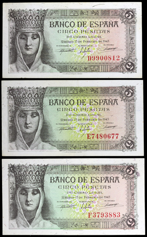 1943. 5 pesetas. (Ed. D47a) (Ed. 446a). 13 de febrero, Isabel la Católica. 3 bil...