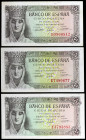 1943. 5 pesetas. (Ed. D47a) (Ed. 446a). 13 de febrero, Isabel la Católica. 3 billetes, series D, E y F. EBC/S/C-.