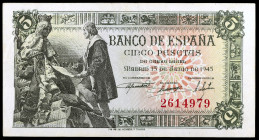 1945. 5 pesetas. (Ed. D50) (Ed. 449). 15 de junio, Isabel y Colón. Sin serie. Leve doblez. EBC.