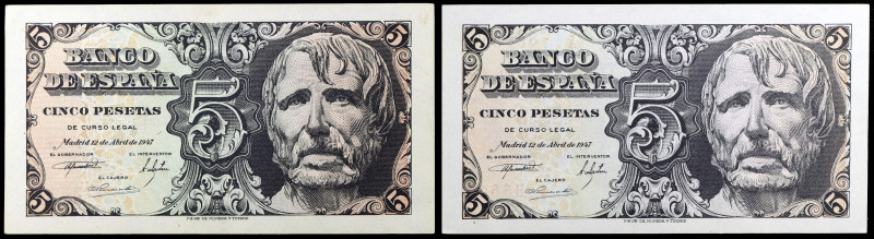 1947. 5 pesetas. (Ed. D55 y D55a) (Ed. 454 y 454a). 12 de abril, Séneca. 2 bille...