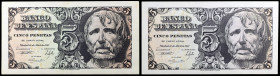 1947. 5 pesetas. (Ed. D55 y D55a) (Ed. 454 y 454a). 12 de abril, Séneca. 2 billetes, sin serie y serie A. Esquinas rozadas. S/C-.