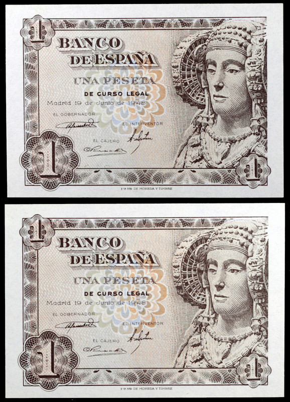 1948. 1 peseta. (Ed. D58) (Ed. 457). 19 de junio, Dama de Elche. Pareja correlat...