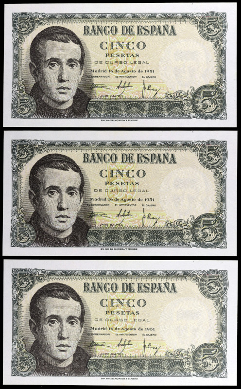 1951. 5 pesetas. (Ed. D60a) (Ed. 459a). 16 de agosto, Balmes. Trío correlativo, ...