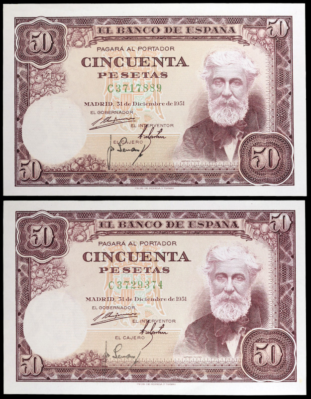 1951. 50 pesetas. (Ed. D63a) (Ed. 462a). 31 de diciembre, Rusiñol. 2 billetes se...