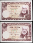1951. 50 pesetas. (Ed. D63a) (Ed. 462a). 31 de diciembre, Rusiñol. 2 billetes serie C. Esquinas rozadas. Uno con pliegue central. S/C-.
