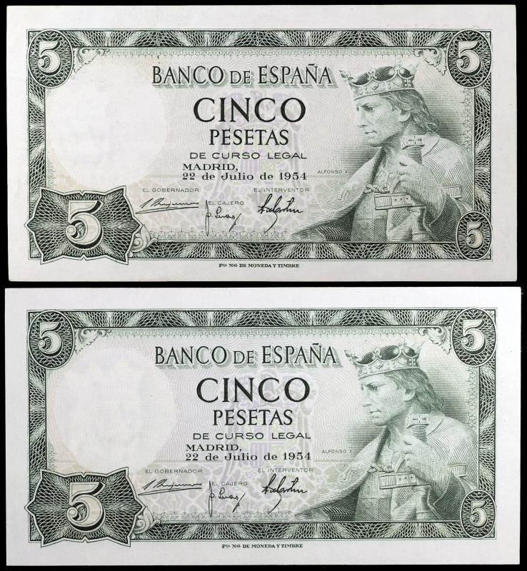 1954. 5 pesetas. (Ed. D67) (Ed. 466). 22 de julio, Alfonso X. 2 billetes, sin se...