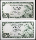 1954. 5 pesetas. (Ed. D67) (Ed. 466). 22 de julio, Alfonso X. 2 billetes, sin serie. Esquinas rozadas. S/C-.
