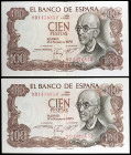 1970. 100 pesetas. (Ed. D73c var) (Ed. 472d). 17 de noviembre, Falla. Pareja correlativa, serie 9B. Leve doblez. MBC+/EBC-.