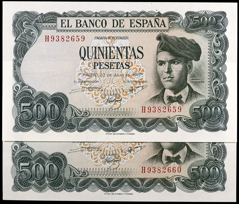 1971. 500 pesetas. (Ed. D74a) (Ed. 473a). 23 de julio, Verdaguer. Pareja correla...