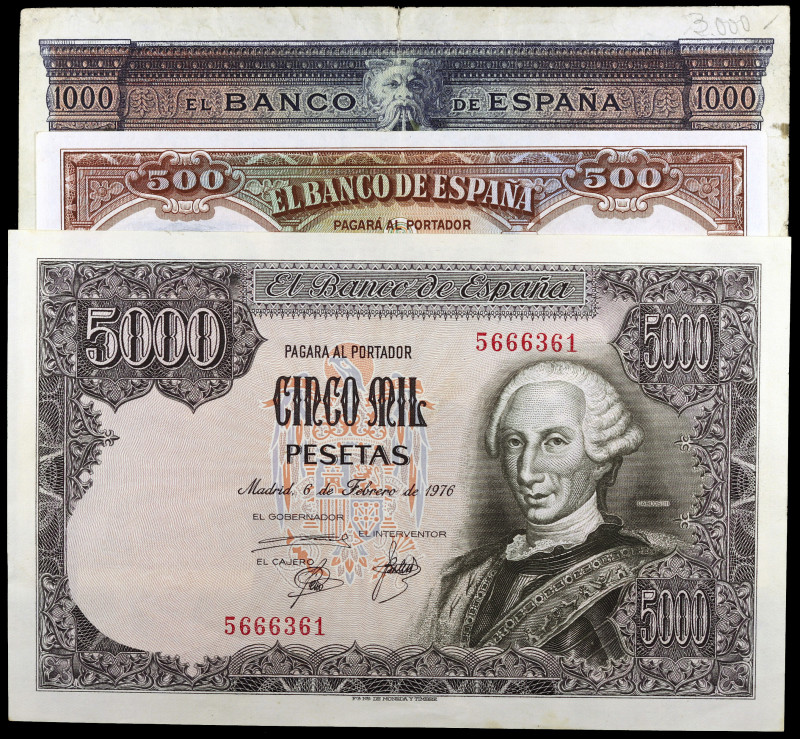 Lote de 3 billetes españoles: 1000 pesetas de 1925, 500 pesetas de 1931 y 5000 p...