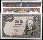 Lote de 3 billetes españoles: 1000 pesetas de 1925, 500 pesetas de 1931 y 5000 pesetas de 1976 sin serie. A examinar. BC+/EBC-.