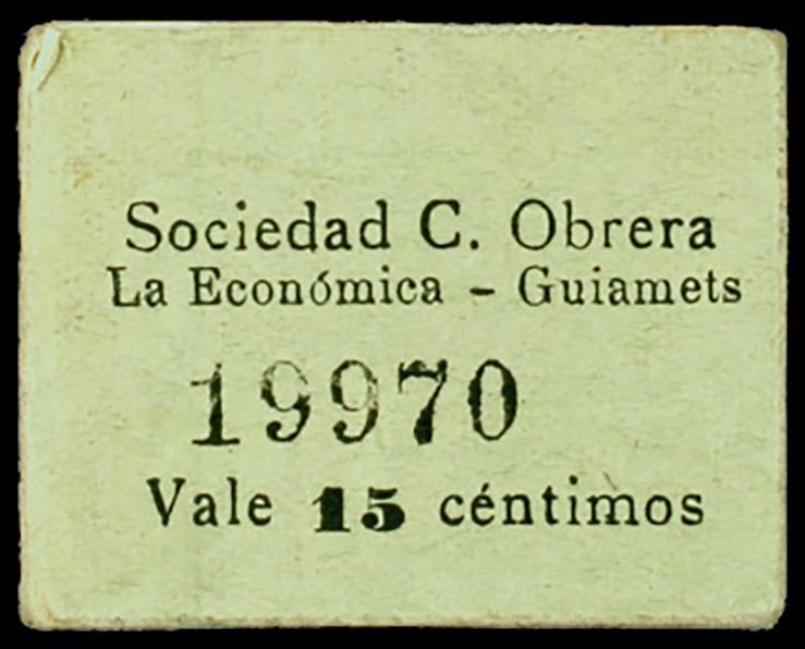 Guiamets. Sociedad C. Obrera "La Económica". 15 céntimos. (AL. falta). Cartón. R...