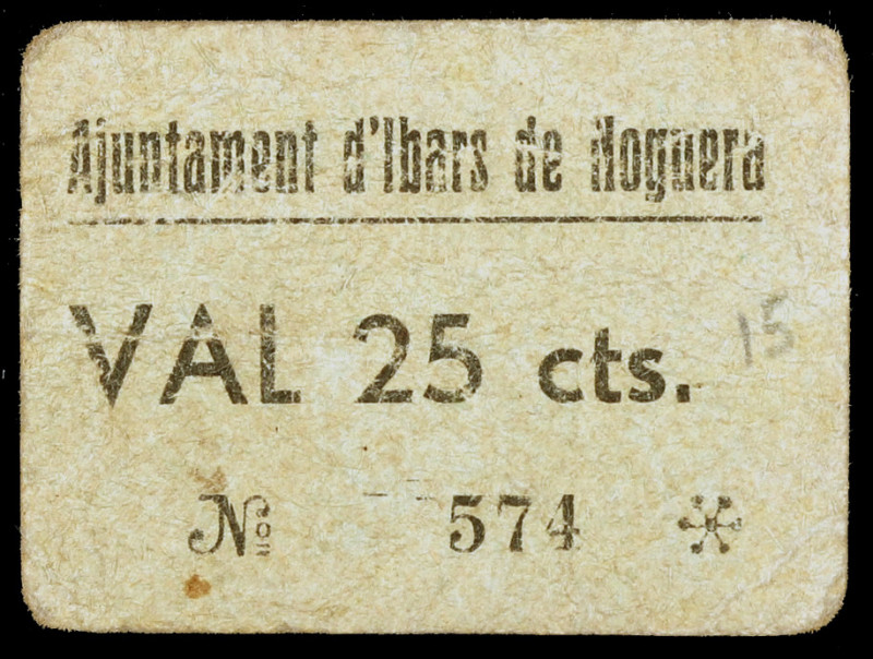 Ibars de Noguera. 25 céntimos. (T. 1442a). Cartón. Raro. MBC-.