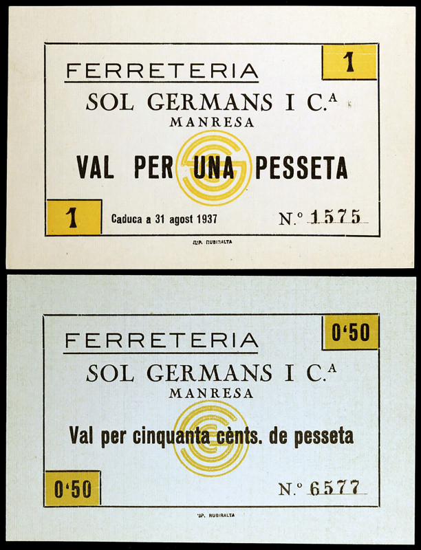 Manresa. Ferreteria Sol Germans i Cia. 50 céntimos y 1 peseta. (AL. 3173 y 3174)...