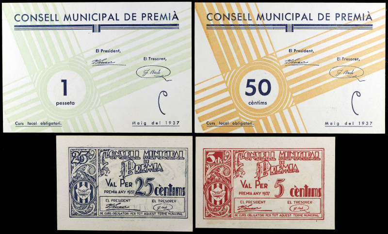 Premià. 5, 25, 50 céntimos y 1 peseta. (T. 2309c, 2310, 2311a y 2312d). 4 billet...
