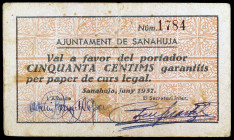 Sanahuja. 50 céntimos. (T. 2610). Cartón. Raro. BC+.