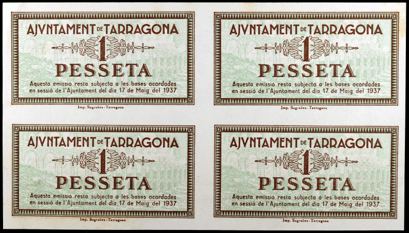 Tarragona. 1 peseta. 4 billetes sin cortar. S/C-.