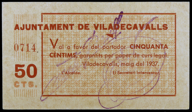 Viladecavalls del Vallès. 50 céntimos. (T. 3204a). Cartón. Raro. S/C-.