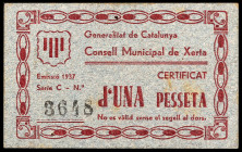 Xerta. 1 peseta. (T. 3382b). Cartón. Ex Colección Marqués de la Ensenada 05/02/2015, nº 528. Raro. EBC.