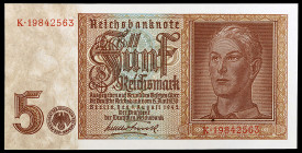 Alemania. 1942. Reichsbank. 5 reichsmark. (Pick 186b). 1 de agosto. Marca de agua invertida. Raro. S/C.