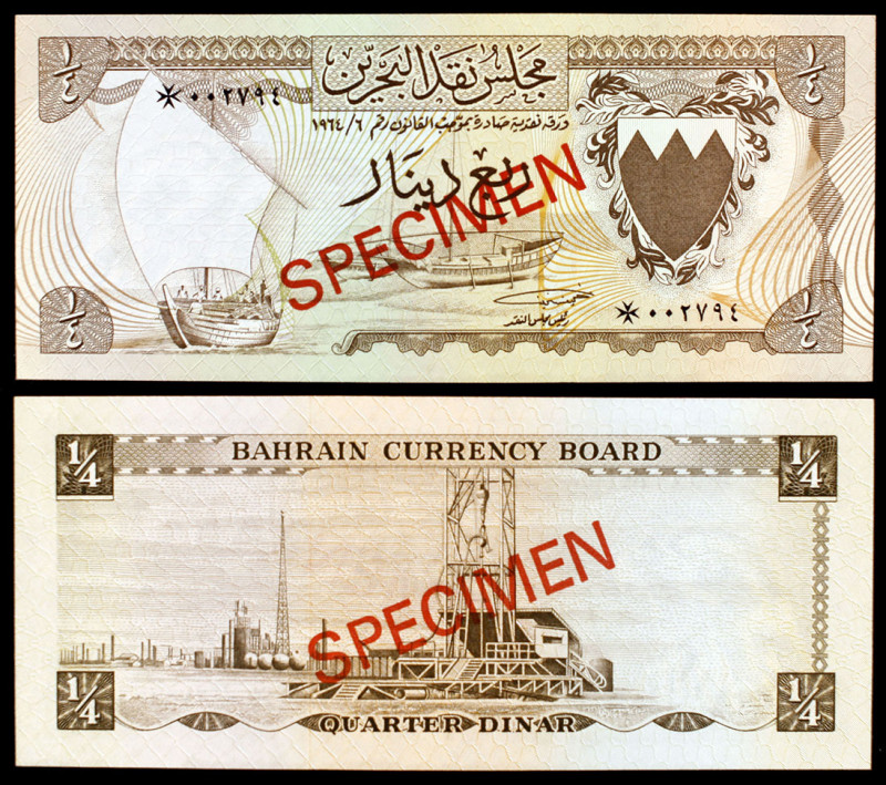 Bahréin. 1964. Caja de Conversión. 1/4 dinar. (Pick 2s). SPECIMEN. Ex Colección ...