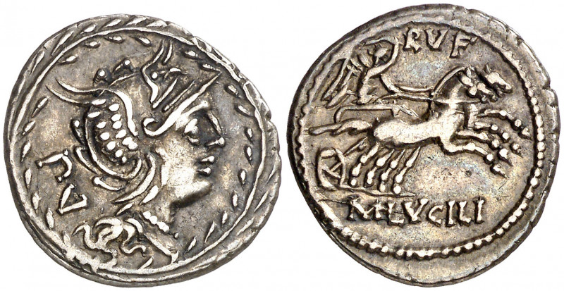 (hacia 101 a.C.). Gens Lucilia. Denario. (Bab. 1) (Craw. 324/1). Ex ANE 25/06/19...