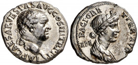 (71 d.C.). Vespasiano. Denario. (Spink 2274 var) (S. 293 var) (RIC. 1434). Bella. Escasa. 3,37 g. EBC.