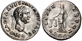 (70 d.C.). Vespasiano. Denario. (Spink 2284) (S. 94a) (RIC. 21). Bella. 3,14 g. EBC/EBC-.