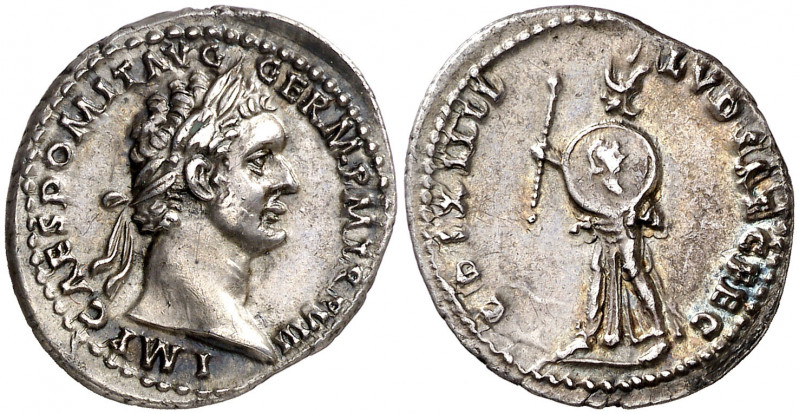(88 d.C.). Domiciano. Denario. (Spink 2723) (S. 76/77) (RIC. 596). 3,41 g. EBC-.