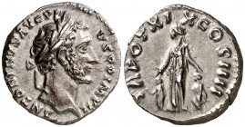 (155-156 d.C.). Antonino pío. Denario. (Spink 4125) (S. 992a) (RIC. 253a). Bella. 3,64 g. EBC/EBC-.