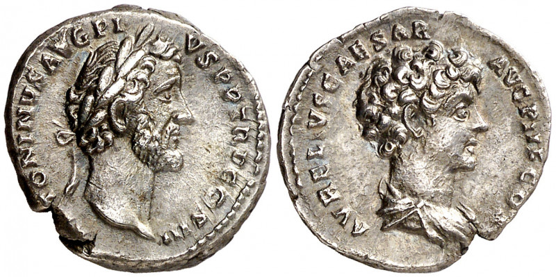 (141 d.C.). Antonino pío y Marco Aurelio. Denario. (Spink 4524 var) (S. 22a) (RI...