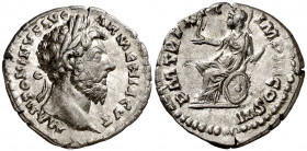 (166 d.C.). Marco Aurelio. Denario. (Spink 4923) (S. 490) (RIC. 155). 3,22 g. MBC+.
