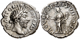 (163 d.C.). Marco Aurelio. Denario. (Spink 4925 var) (S. 523) (RIC. 68). 3,35 g. MBC+.