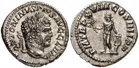 (215 d.C.). Caracalla. Denario. (Spink 6835) (S. 282) (RIC. 254). Bella. 3,37 g. EBC.