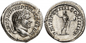 (215 d.C.). Caracalla. Denario. (Spink 6839) (S. 288) (RIC. 264a). Bella. 3,49 g. EBC.