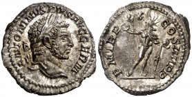 (217 d.C.). Caracalla. Denario. (Spink 6848 var) (S. 390b) (RIC. falta). Muy bella. 2,80 g. EBC+.