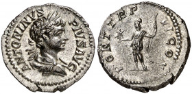 (203 d.C.). Caracalla. Denario. (Spink 6856) (S. 499) (RIC. 69). Bella. 3,36 g. EBC+/EBC.